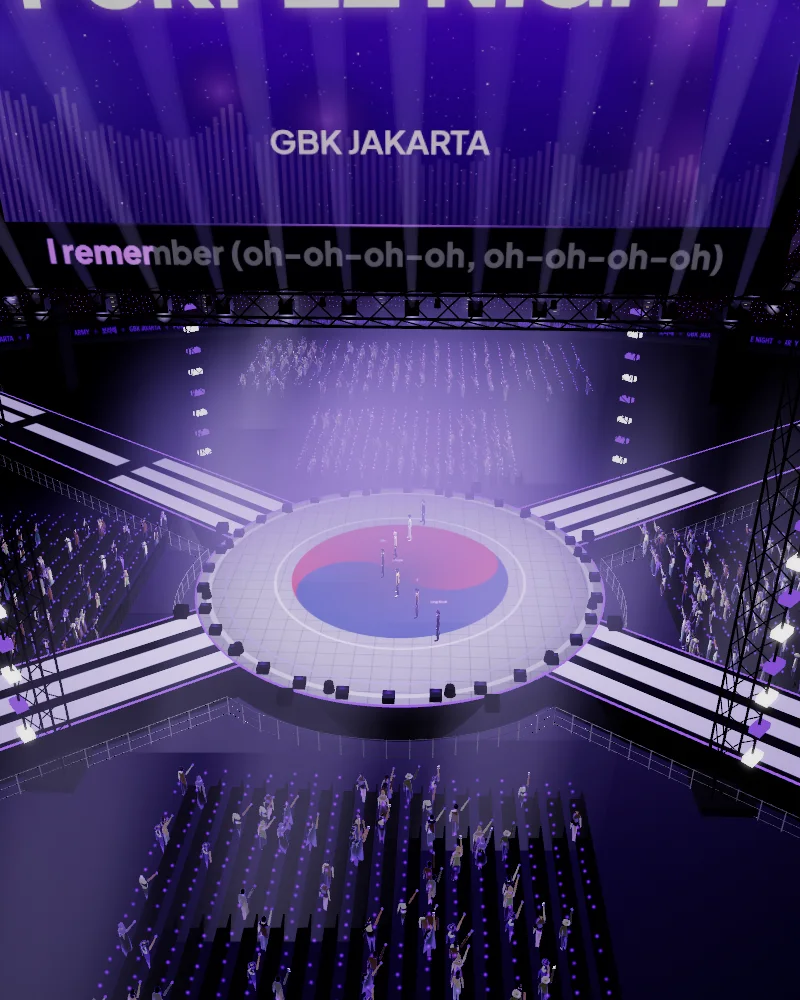 Panggung 360° di tengah GBK: lantai taegeuk, empat runway, cincin layar LED, dan lautan penonton